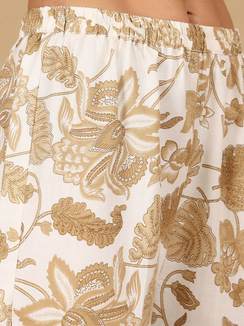 Floral Printed Thread Work Round Neck Straight Kurta With Trousers