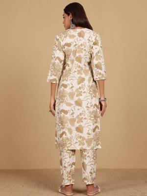 Floral Printed Thread Work Round Neck Straight Kurta With Trousers 6