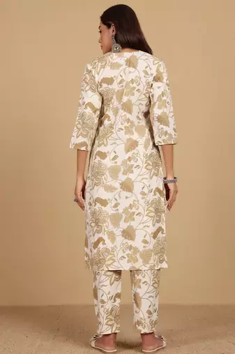 Floral Printed Thread Work Round Neck Straight Kurta With Trousers