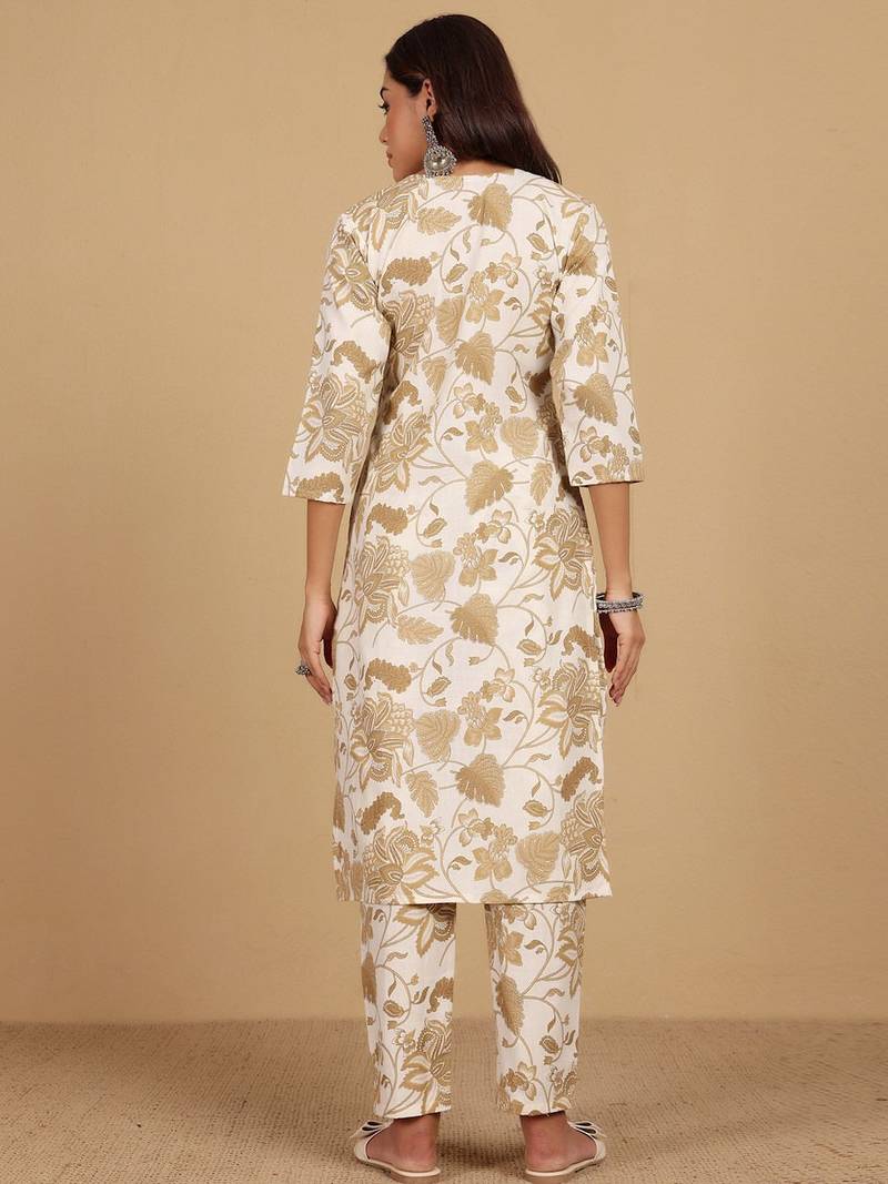 Floral Printed Thread Work Round Neck Straight Kurta With Trousers