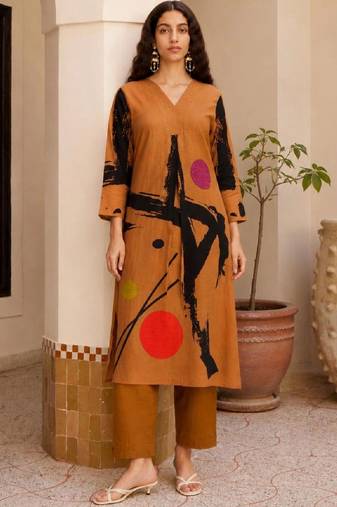 Mul Cotton Printed A Line Kurta With Solid Trouser