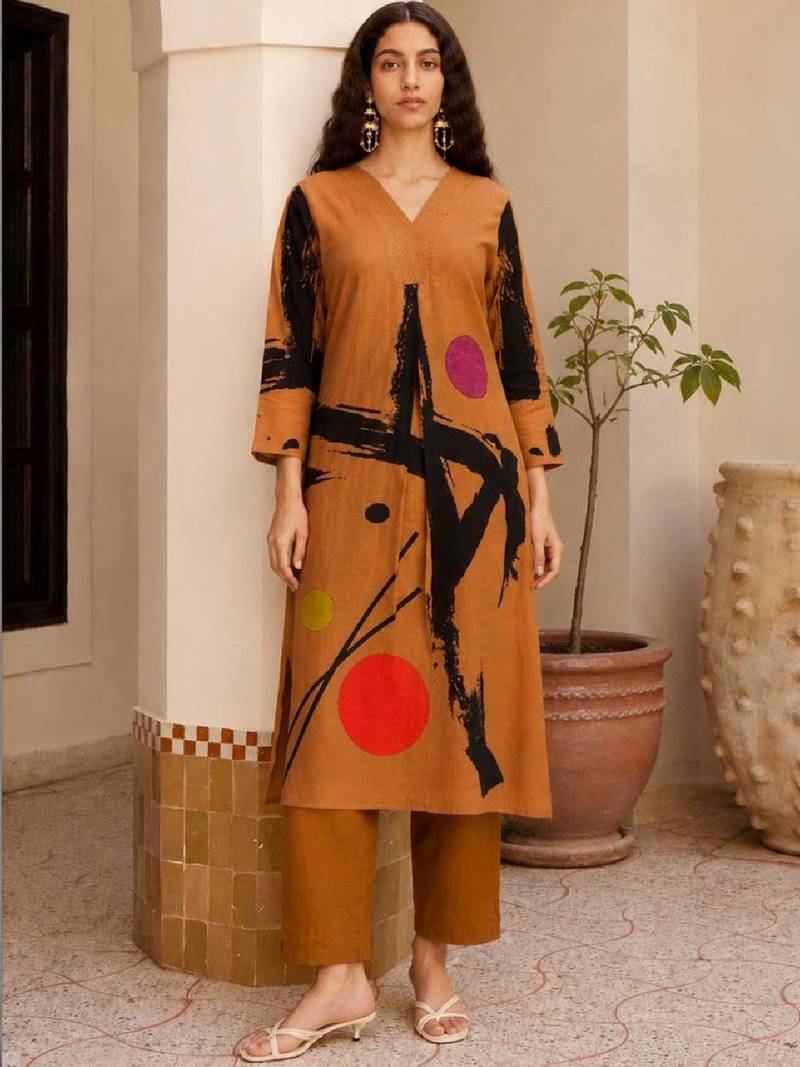 Mul Cotton Printed A Line Kurta With Solid Trouser