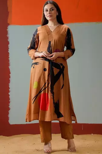 Mul Cotton Printed A Line Kurta With Solid Trouser