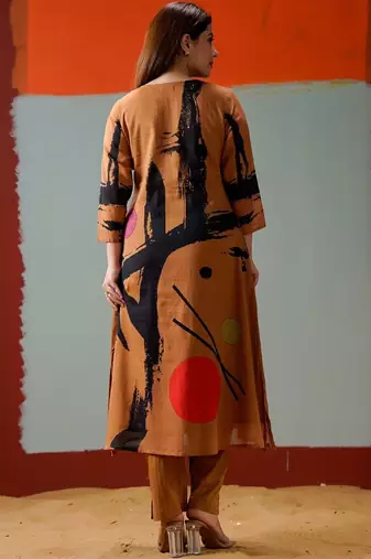 Mul Cotton Printed A Line Kurta With Solid Trouser