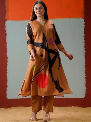 Mul Cotton Printed A Line Kurta With Solid Trouser 5