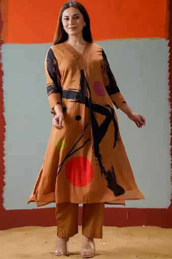 Mul Cotton Printed A Line Kurta With Solid Trouser