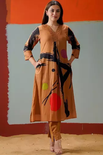 Mul Cotton Printed A Line Kurta With Solid Trouser