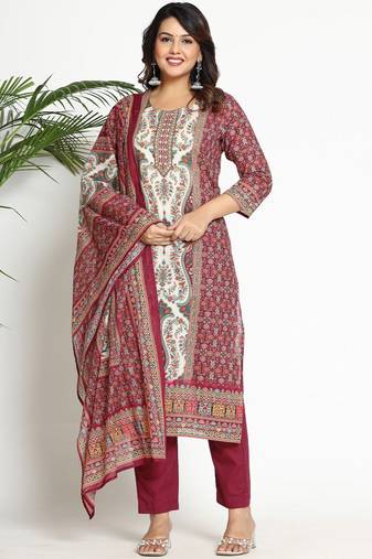 Women Paisley Printed Regular Beads and Stones Pure Cotton Kurta with Trousers & With Dupatta