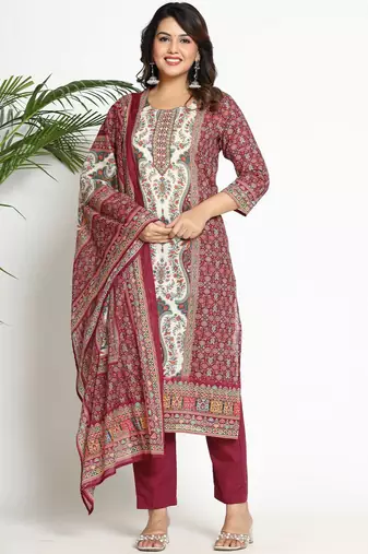 Women Paisley Printed Regular Beads and Stones Pure Cotton Kurta with Trousers & With Dupatta