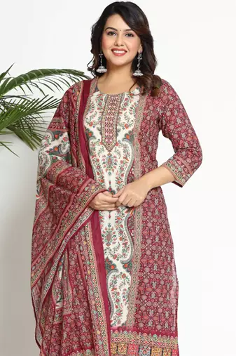 Women Paisley Printed Regular Beads and Stones Pure Cotton Kurta with Trousers & With Dupatta