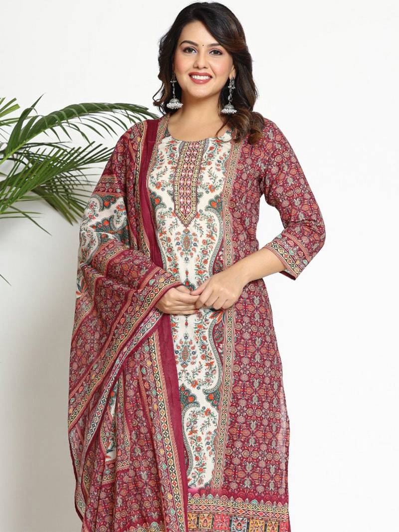 Women Paisley Printed Regular Beads and Stones Pure Cotton Kurta with Trousers & With Dupatta