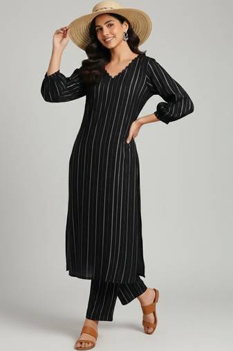 Women Striped Regular Silk Crepe Kurta with Trousers