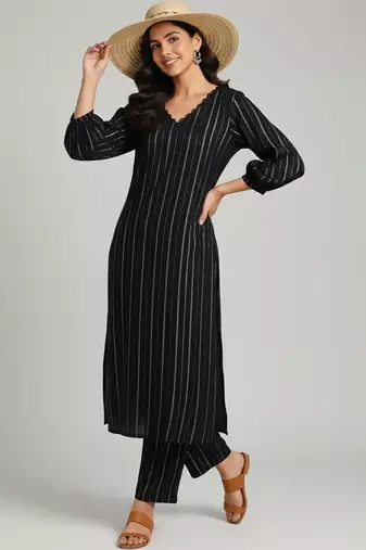 Women Striped Regular Silk Crepe Kurta with Trousers