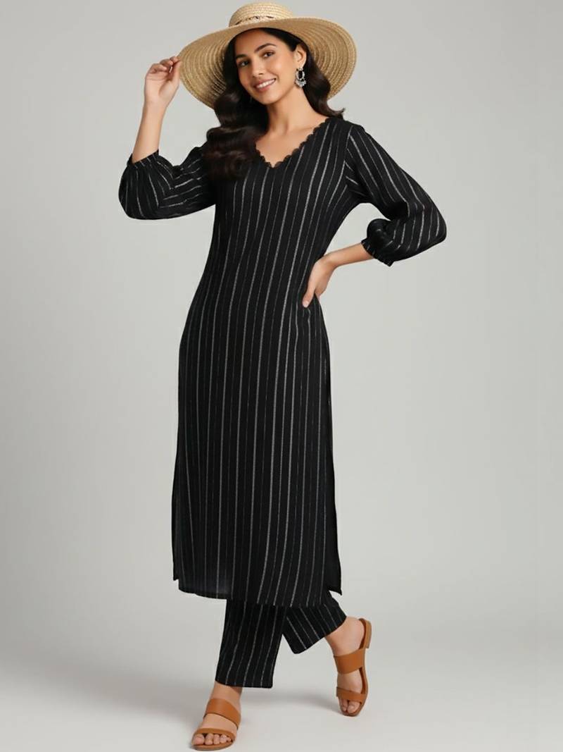 Women Striped Regular Silk Crepe Kurta with Trousers