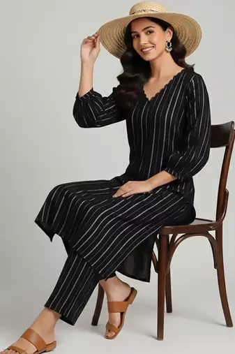 Women Striped Regular Silk Crepe Kurta with Trousers
