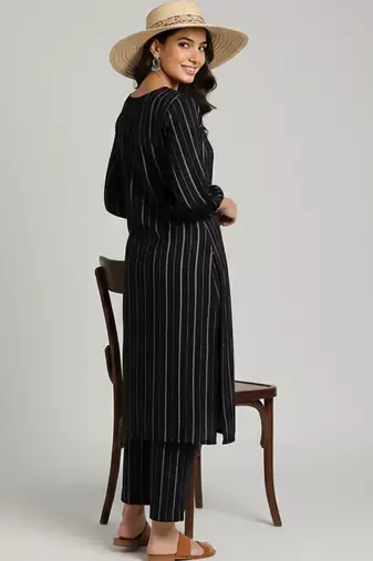 Women Striped Regular Silk Crepe Kurta with Trousers