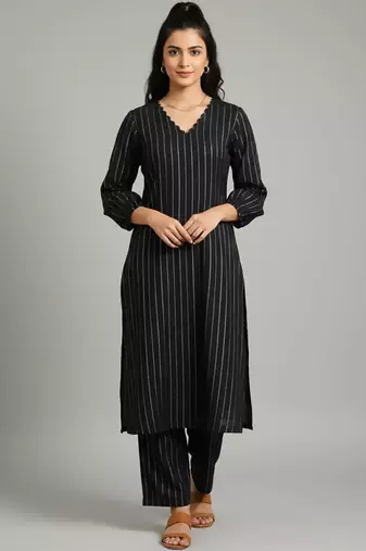Women Striped Regular Silk Crepe Kurta with Trousers