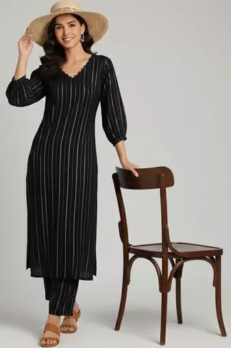 Women Striped Regular Silk Crepe Kurta with Trousers