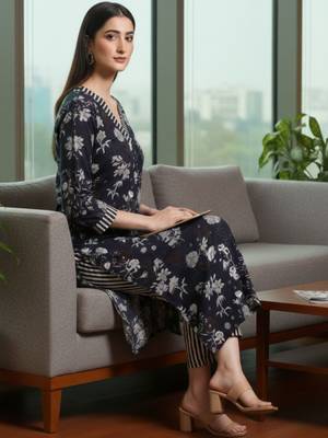 Women Floral Printed Regular Kurta with Trousers 2