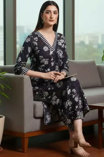 Women Floral Printed Regular Kurta with Trousers