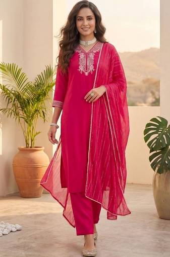 Women Ethnic Motifs Embroidered Regular Thread Work Kurta with Trousers & With Dupatta
