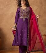 Floral Embroidered Thread Work Notch Neck Straight Kurta With Trousers & Dupatta