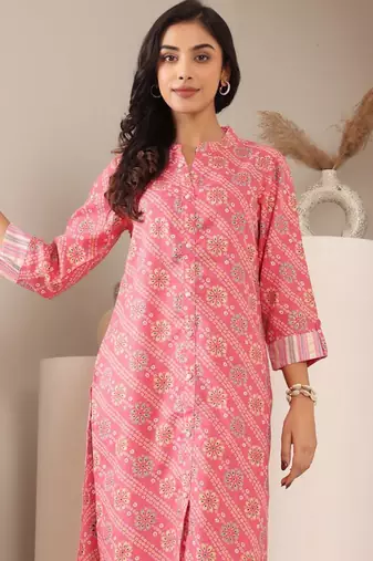 Bandhani Printed Mandarin Collar Straight Kurta With Trouser