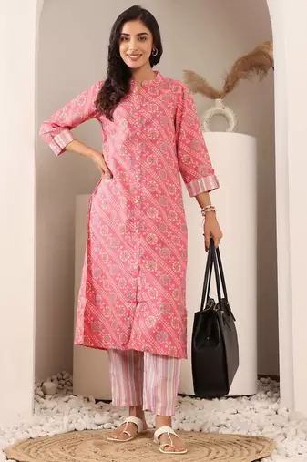 Bandhani Printed Mandarin Collar Straight Kurta With Trouser