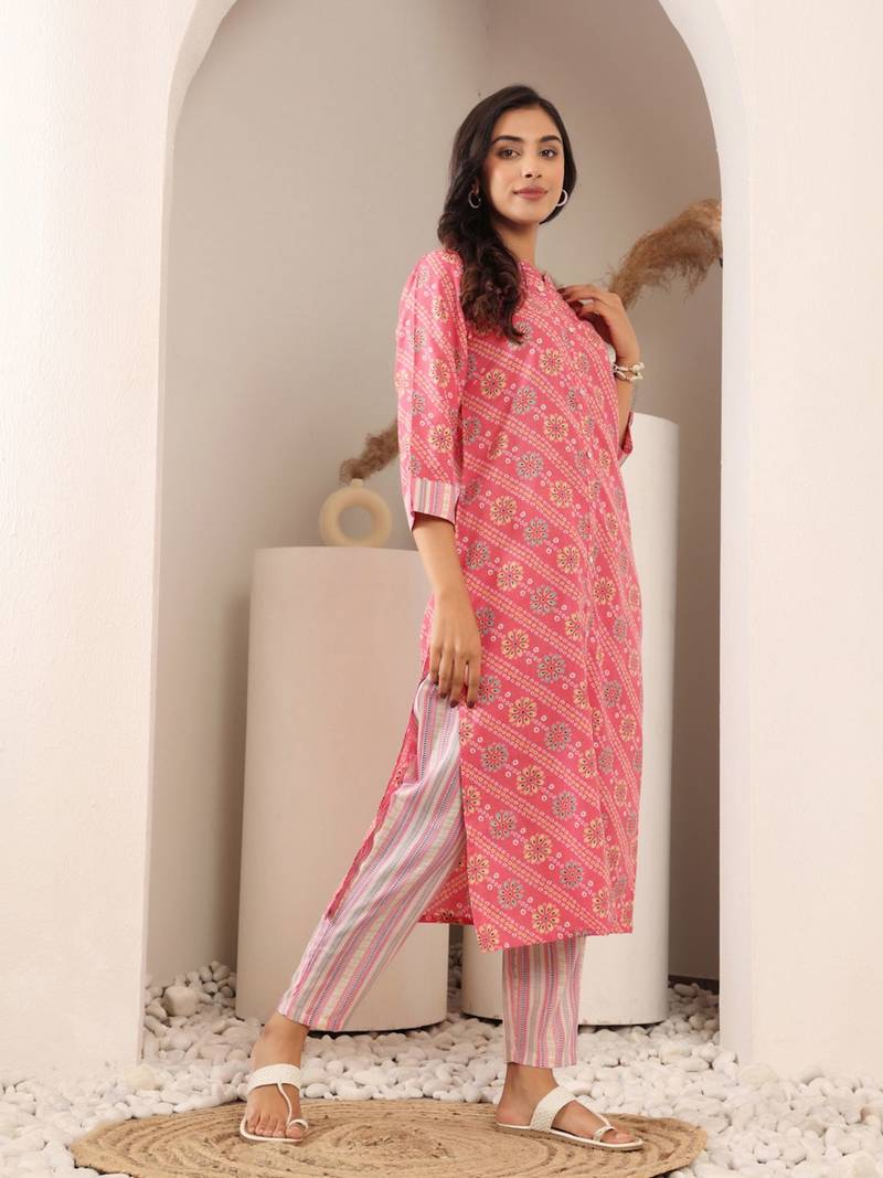 Bandhani Printed Mandarin Collar Straight Kurta With Trouser