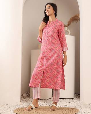 Bandhani Printed Mandarin Collar Straight Kurta With Trouser 5