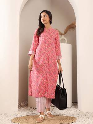 Bandhani Printed Mandarin Collar Straight Kurta With Trouser 7
