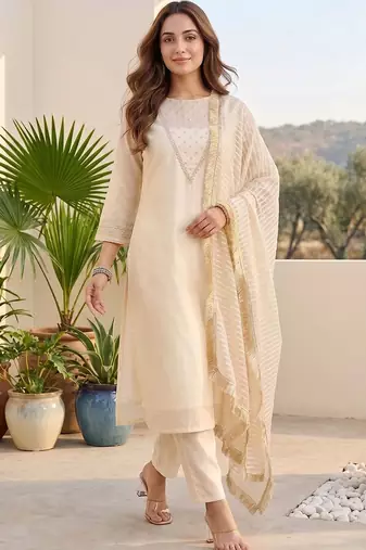 Women Ethnic Motifs Yoke Design Regular Thread Work Kurta with Trousers & With Dupatta