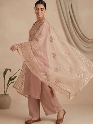 Women Ethnic Motifs Regular Thread Work Kurta with Palazzos & With Dupatta 4