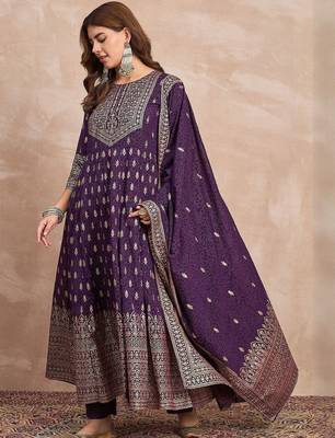 Ethnic Motifs Printed Zari Anarkali Kurta With Trousers And Dupatta 1