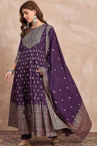 Ethnic Motifs Printed Zari Anarkali Kurta With Trousers And Dupatta