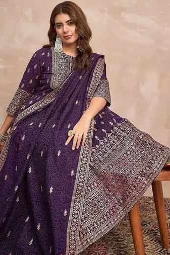Ethnic Motifs Printed Zari Anarkali Kurta With Trousers And Dupatta