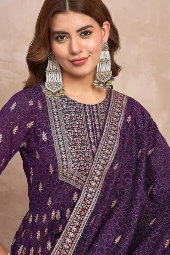 Ethnic Motifs Printed Zari Anarkali Kurta With Trousers And Dupatta