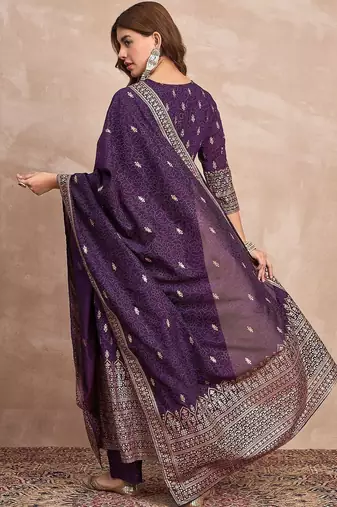 Ethnic Motifs Printed Zari Anarkali Kurta With Trousers And Dupatta
