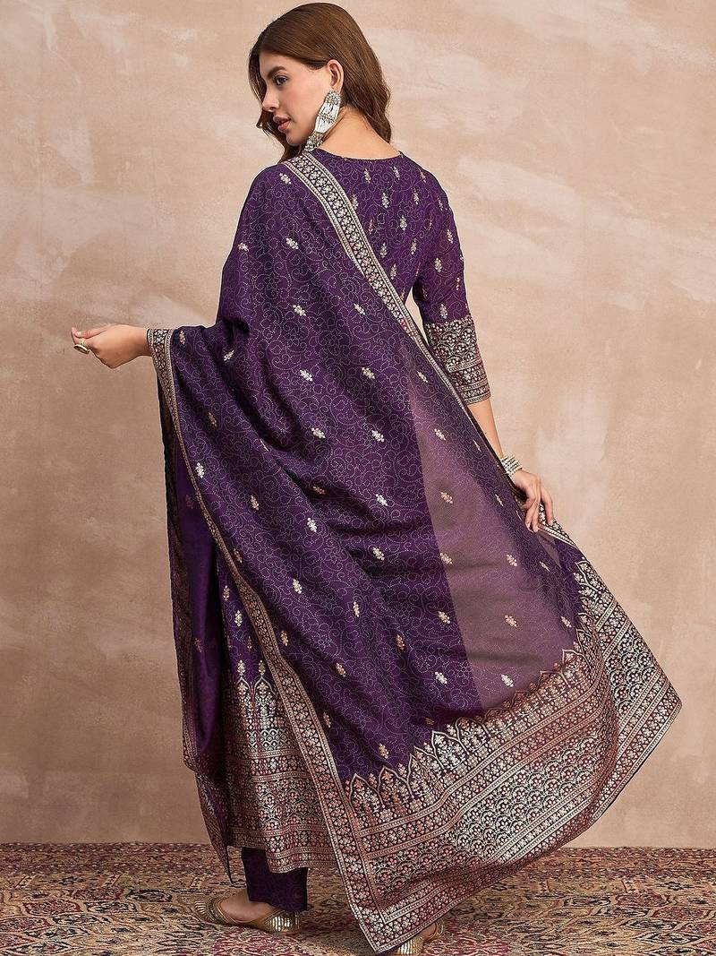 Ethnic Motifs Printed Zari Anarkali Kurta With Trousers And Dupatta