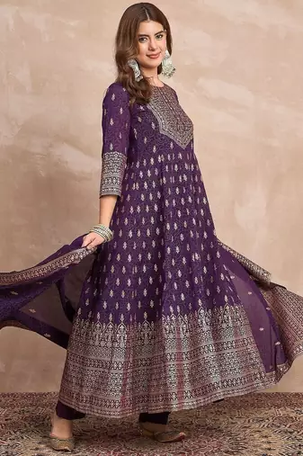 Ethnic Motifs Printed Zari Anarkali Kurta With Trousers And Dupatta