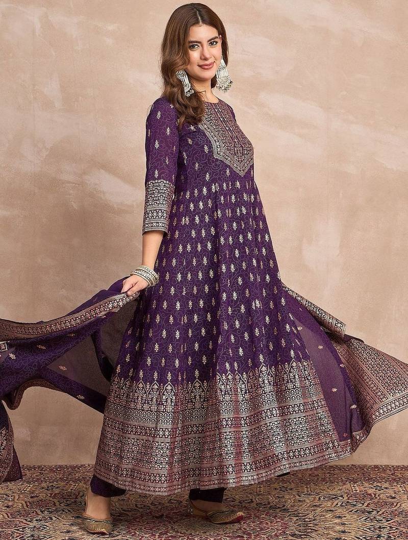 Ethnic Motifs Printed Zari Anarkali Kurta With Trousers And Dupatta