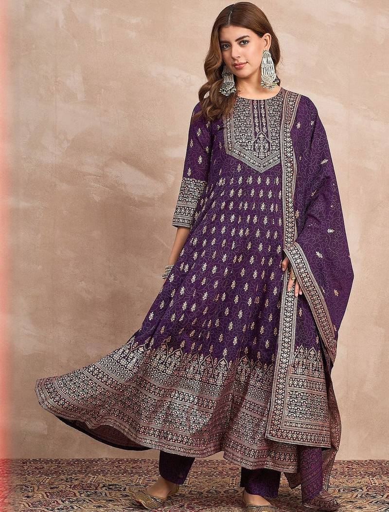Ethnic Motifs Printed Zari Anarkali Kurta With Trousers And Dupatta