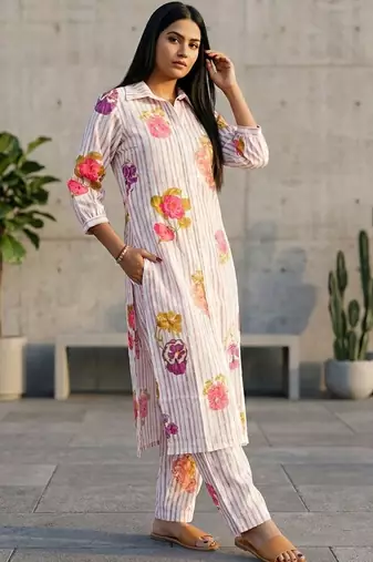Women Floral Printed Regular Chanderi Silk Kurta with Trousers