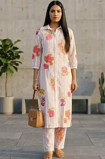 Women Floral Printed Regular Chanderi Silk Kurta with Trousers