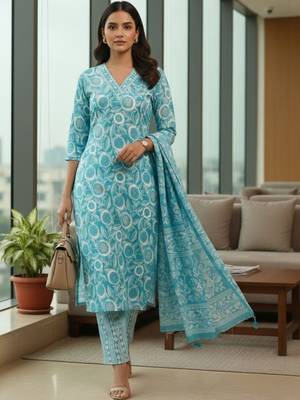 Women Ethnic Motifs Printed Regular Kurta with Trousers & With Dupatta 5