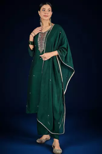Floral Yoke Design Beads And Stones Kurta With Trousers & Dupatta