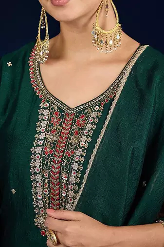 Floral Yoke Design Beads And Stones Kurta With Trousers & Dupatta