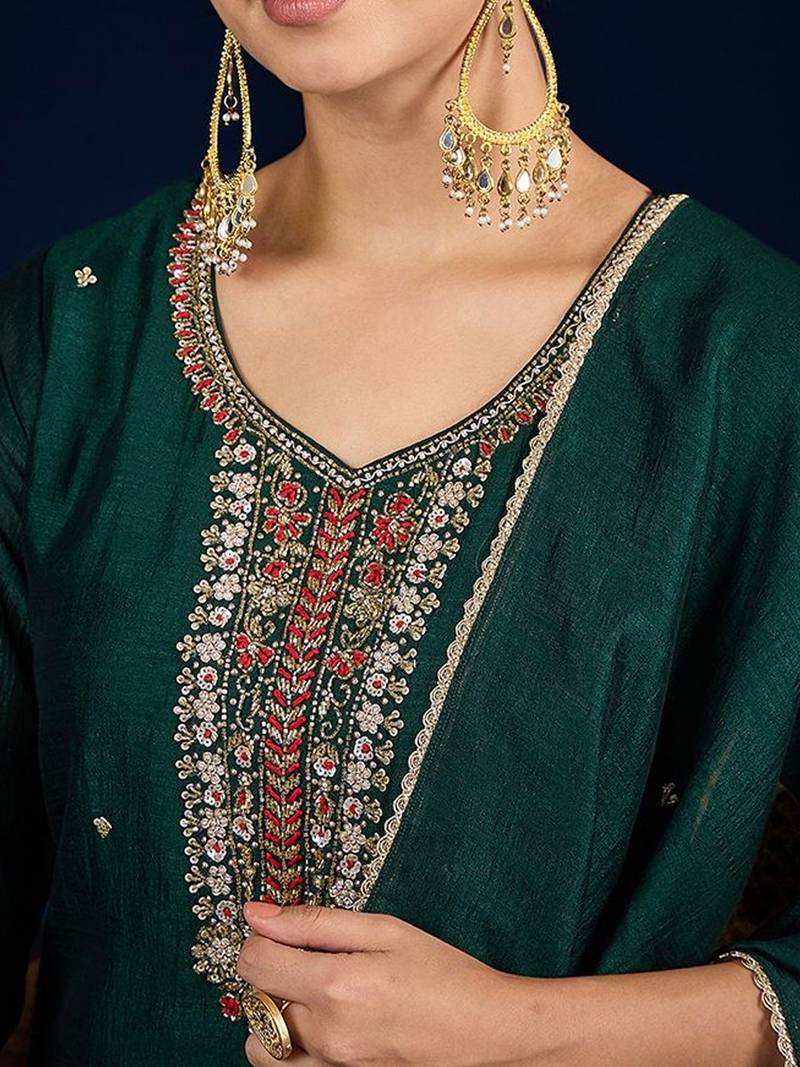 Floral Yoke Design Beads And Stones Kurta With Trousers & Dupatta