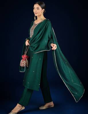 Floral Yoke Design Beads And Stones Kurta With Trousers & Dupatta 4