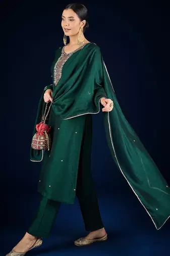 Floral Yoke Design Beads And Stones Kurta With Trousers & Dupatta
